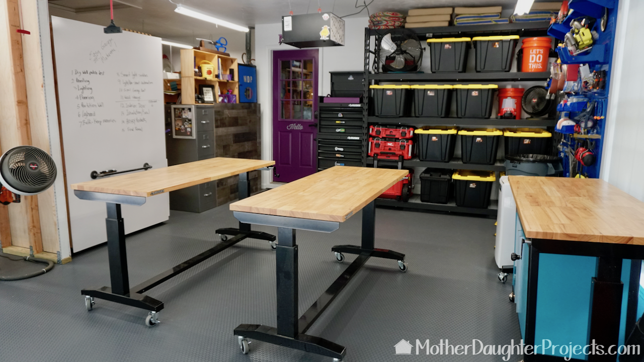 The garage showing the Husky adjustable height tables. 