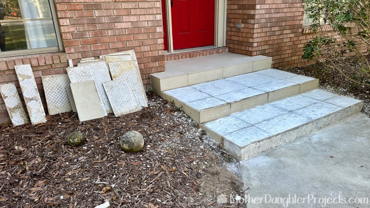 Here are the front steps with all the mortar removed from the concrete.