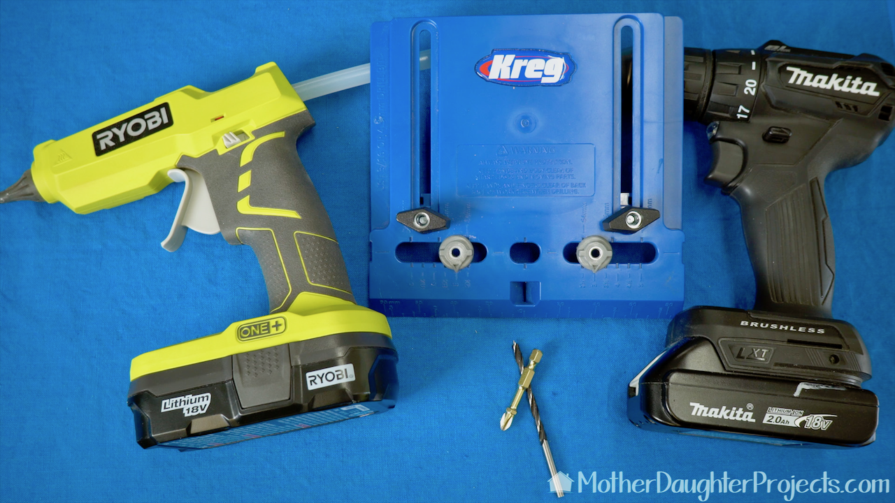 Tools needed are a glue gun, Kreg hardware jig, drill, driver and drill bits. 