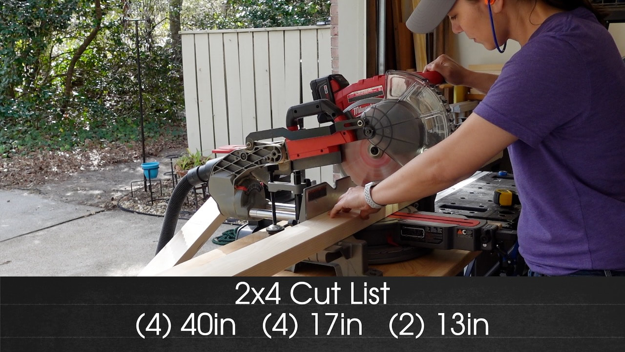 Cutting the 2x4s on a Milwaukee miter saw. 