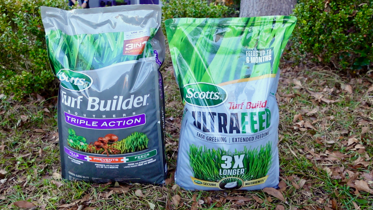 This is what we are using. First Scotts Turf Builder Triple Action South Lawn Fertilizer and then eight weeks later, Turf Builder UltraFeed Lawn Fertilizer.