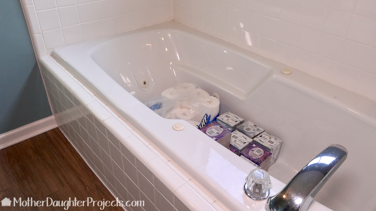 Hide Unused Bathtub with White Melamine - Mother Daughter Projects