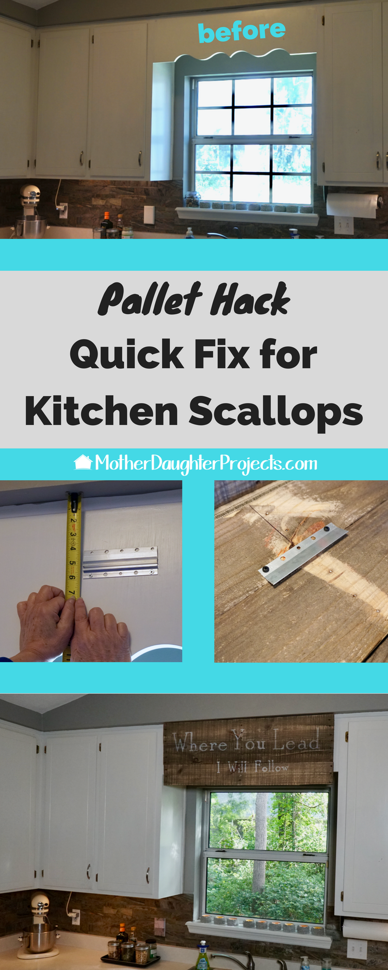 Learn how to DIY a pallet sign to cover or remove the scalloped trim found on many kitchen cabinets. This is a unique window treatment using a pallet hack!